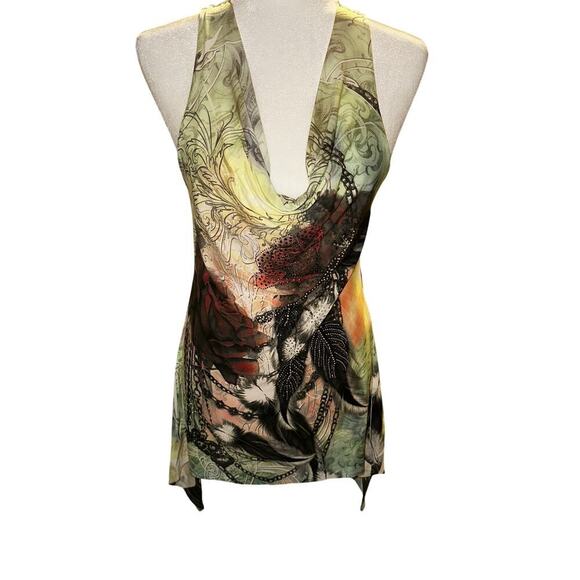 Vintage y2k artsy tattoo print handkerchief hem tunic top - Picture 2 of 10